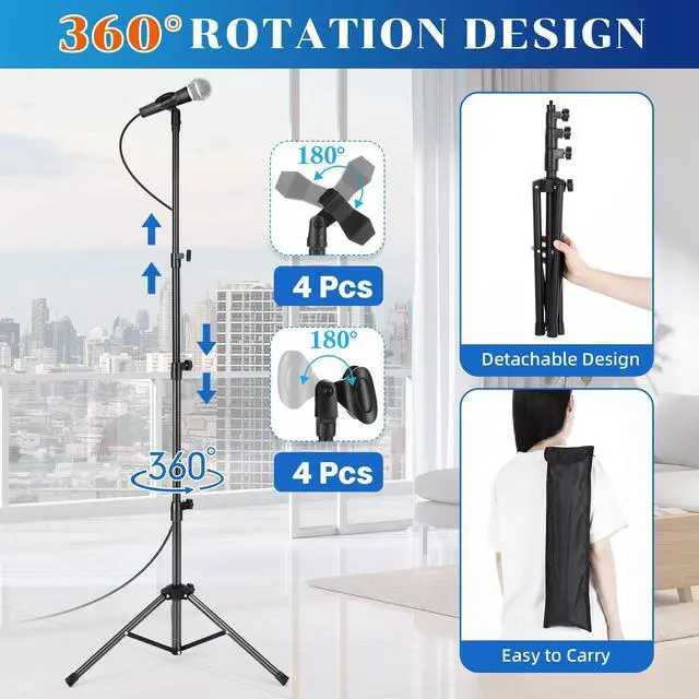 Alt view image 3 of 7 - 4 Pcs Tripod Microphone Stand Boom Arm Floor Mic Stand with Carrying Bag and Mic Clips for Singing Stage Wedding Karaoke Church (Vertical Style)