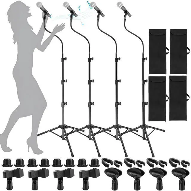Main image of 4 Pcs Tripod Microphone Stand Boom Arm Floor Mic Stand with Carrying Bag and Mic Clips for Singing Stage Wedding Karaoke Church (Flexible Style)