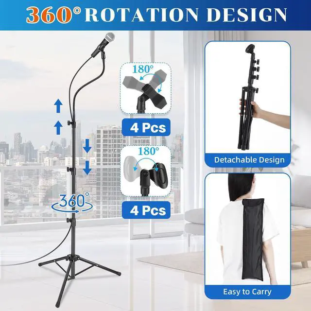 Alt view image 3 of 7 - 4 Pcs Tripod Microphone Stand Boom Arm Floor Mic Stand with Carrying Bag and Mic Clips for Singing Stage Wedding Karaoke Church (Flexible Style)