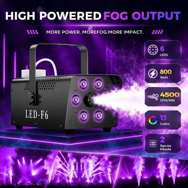 Alt view image 2 of 7 - 800W Fog Machine, 4500CFM Smoke Machine with 6 LED Lights, 13 Colorful LED Lights Effect, Wired And Wireless Remote Controls, Ideal for Indoor, Outdoor, Wedding, Halloween Parties and DJ Stage