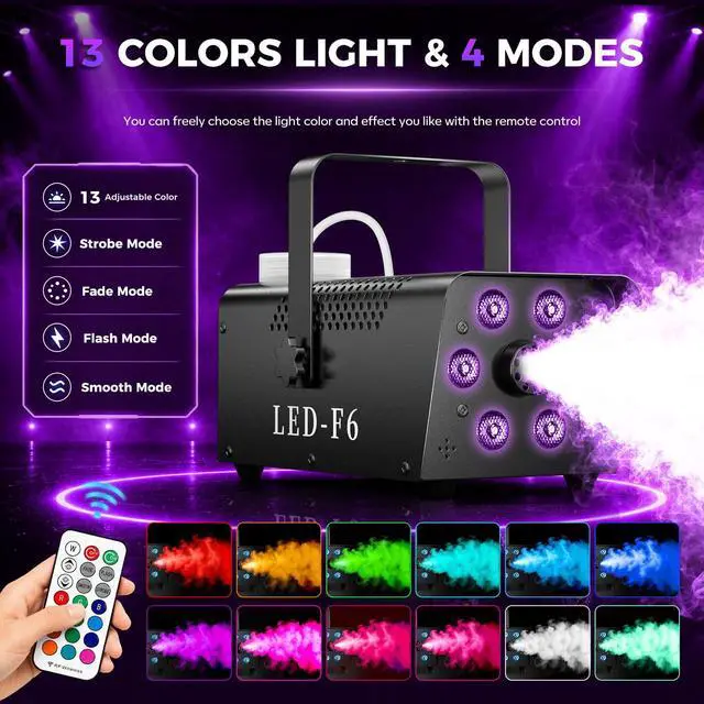 Alt view image 3 of 7 - 800W Fog Machine, 4500CFM Smoke Machine with 6 LED Lights, 13 Colorful LED Lights Effect, Wired And Wireless Remote Controls, Ideal for Indoor, Outdoor, Wedding, Halloween Parties and DJ Stage