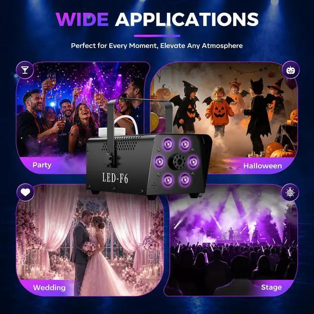 Alt view image 5 of 7 - 800W Fog Machine, 4500CFM Smoke Machine with 6 LED Lights, 13 Colorful LED Lights Effect, Wired And Wireless Remote Controls, Ideal for Indoor, Outdoor, Wedding, Halloween Parties and DJ Stage