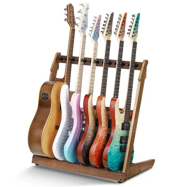 Main image of Multiple Wood Guitar Stand, 4-6 Guitar Rack, 18mm Thick Wood | Holds 4 acoustic or 6 electric/bass guitars, Protective soft foam padding, Scratch-free neck support, Anti-tip weighted base
