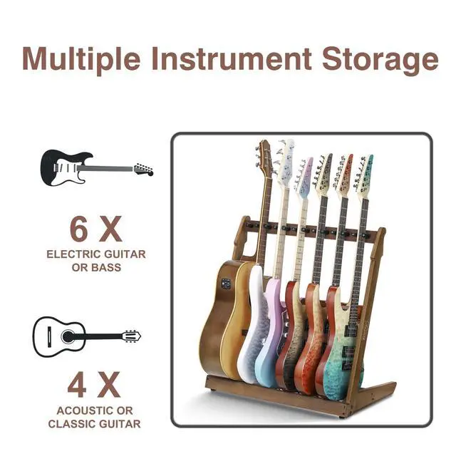 Alt view image 2 of 7 - Multiple Wood Guitar Stand, 4-6 Guitar Rack, 18mm Thick Wood | Holds 4 acoustic or 6 electric/bass guitars, Protective soft foam padding, Scratch-free neck support, Anti-tip weighted base