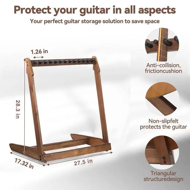 Alt view image 4 of 7 - Multiple Wood Guitar Stand, 4-6 Guitar Rack, 18mm Thick Wood | Holds 4 acoustic or 6 electric/bass guitars, Protective soft foam padding, Scratch-free neck support, Anti-tip weighted base
