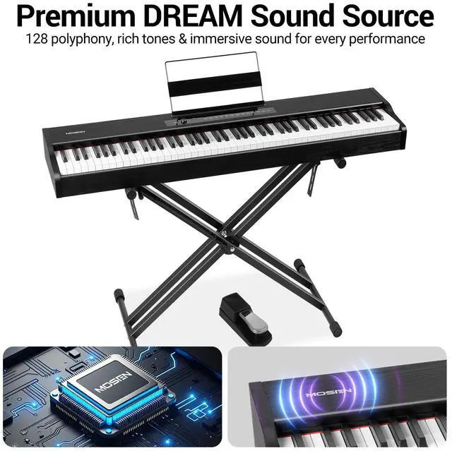 Alt view image 4 of 7 - MOSEN Digital Piano 88-Key Weighted Keyboard with Hammer Action, Portable Electric Piano Set with X Stand, Recording Headphone Mode, Sustain Pedal, Music Rest, Dual Keyboard for Beginner, MDP-80D