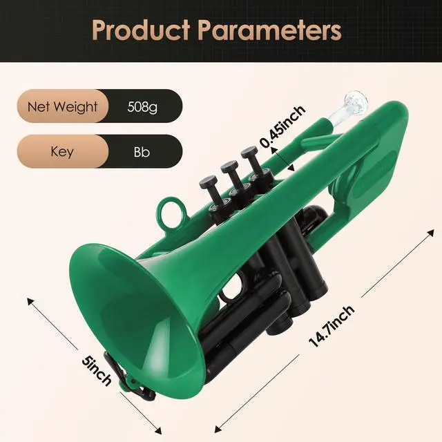 Alt view image 2 of 7 - SEA LION Professional Plastic Bb Trumpet Set for Student Beginner (Green)