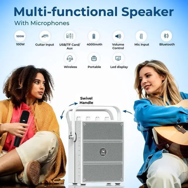 Alt view image 2 of 7 - 100W Bluetooth Speaker with 2 Wireless Microphones S99 | Powerful Voice Amplifier, Portable Karaoke Machine for Adults, PA System for Home Entertainment, Party, Teaching & Events