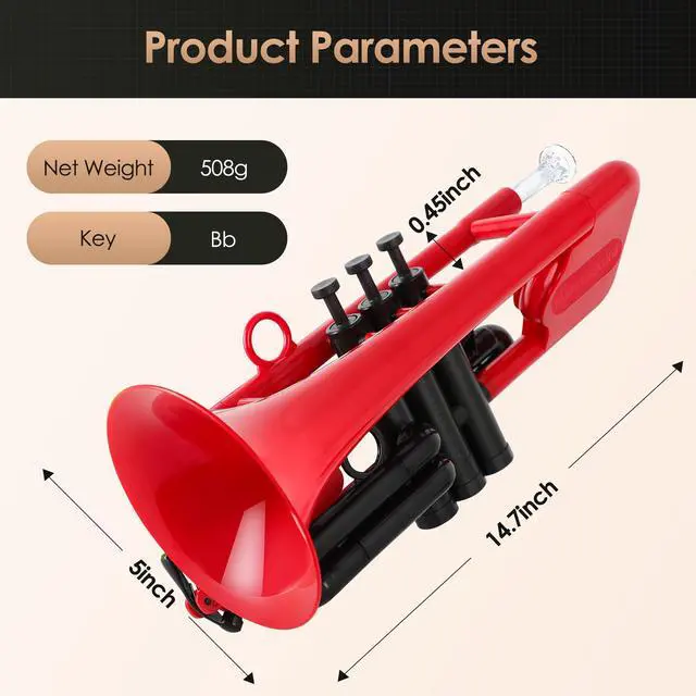 Alt view image 2 of 7 - SEA LION Professional Plastic Bb Trumpet Standard Trumpets Trumpet Set for Student Beginner Bb Trumpet Instrument (Red)