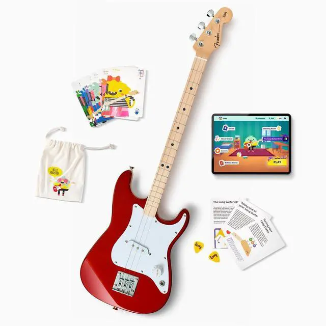 Main image of Fender Stratocaster 3-String Electric Guitar for Kids, Beginner Guitar, Includes Chord Flash Cards, Learning App, Educational Booklet, Picks, and Stickers, Candy Apple Red