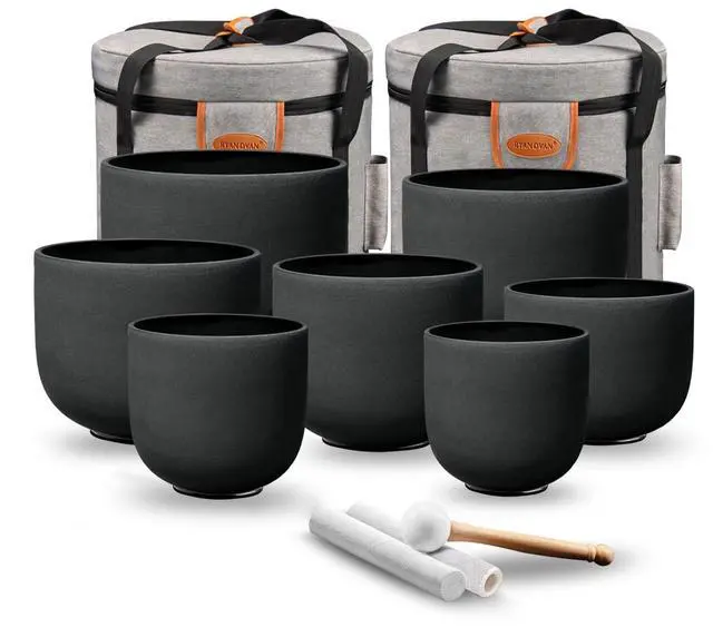 Main image of 432Hz 7"-12" Black Color Crystal Singing Bowl Set of 7 | Frosted Quartz Singing Bowls for Sound Bath, Sound Therapy, Meditation, Yoga, Chakra Balancing & Stress Relief
