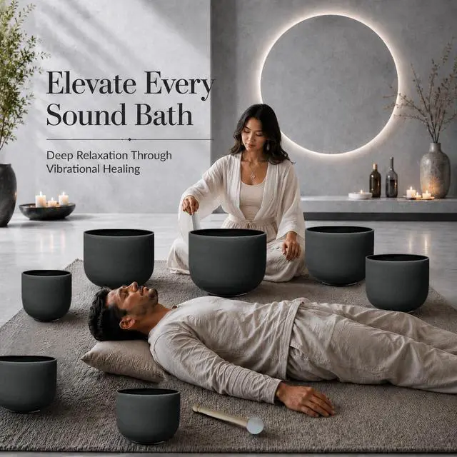 Alt view image 2 of 7 - 432Hz 7"-12" Black Color Crystal Singing Bowl Set of 7 | Frosted Quartz Singing Bowls for Sound Bath, Sound Therapy, Meditation, Yoga, Chakra Balancing & Stress Relief