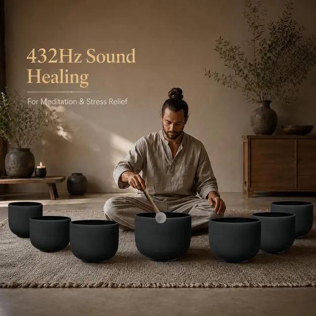 Alt view image 3 of 7 - 432Hz 7"-12" Black Color Crystal Singing Bowl Set of 7 | Frosted Quartz Singing Bowls for Sound Bath, Sound Therapy, Meditation, Yoga, Chakra Balancing & Stress Relief