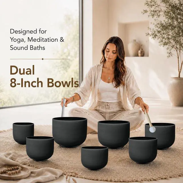 Alt view image 4 of 7 - 432Hz 7"-12" Black Color Crystal Singing Bowl Set of 7 | Frosted Quartz Singing Bowls for Sound Bath, Sound Therapy, Meditation, Yoga, Chakra Balancing & Stress Relief