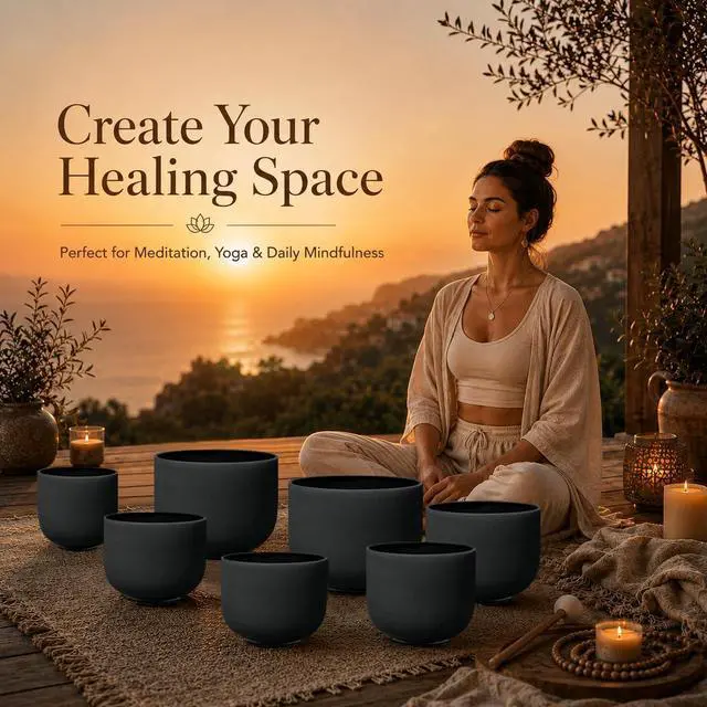 Alt view image 5 of 7 - 432Hz 7"-12" Black Color Crystal Singing Bowl Set of 7 | Frosted Quartz Singing Bowls for Sound Bath, Sound Therapy, Meditation, Yoga, Chakra Balancing & Stress Relief