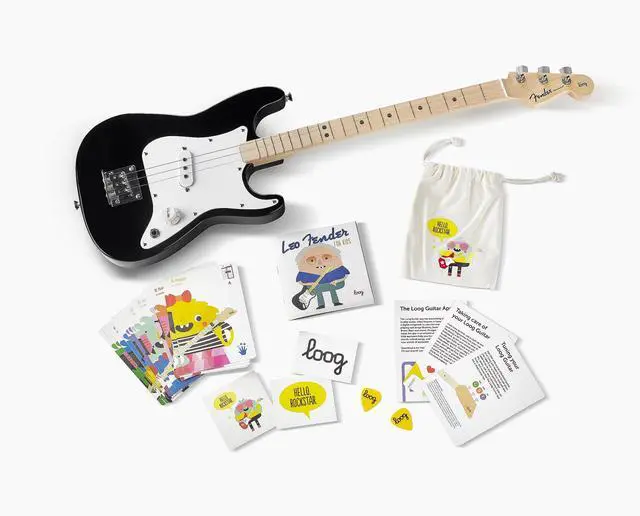Main image of Fender Stratocaster 3-String Electric Guitar for Kids, Beginner Guitar, Includes Chord Flash Cards, Learning App, Educational Booklet, Picks, and Stickers, Black