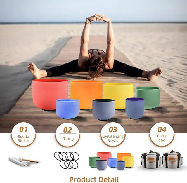 Alt view image 2 of 7 - 432Hz 7-12 Inch Colored Crystal Singing Bowl Set of 7 | Frosted Quartz Sound Bowls for Sound Bath, Meditation, Yoga, Sound Therapy, Chakra Balancing & Reiki