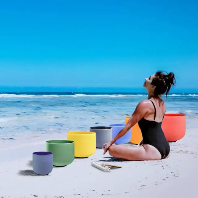Alt view image 4 of 7 - 432Hz 7-12 Inch Colored Crystal Singing Bowl Set of 7 | Frosted Quartz Sound Bowls for Sound Bath, Meditation, Yoga, Sound Therapy, Chakra Balancing & Reiki