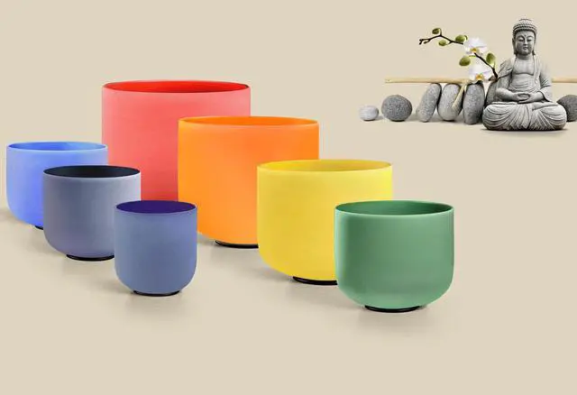 Alt view image 3 of 7 - 432Hz 7-12 Inch Colored Crystal Singing Bowl Set of 7 | Frosted Quartz Sound Bowls for Sound Bath, Meditation, Yoga, Sound Therapy, Chakra Balancing & Reiki