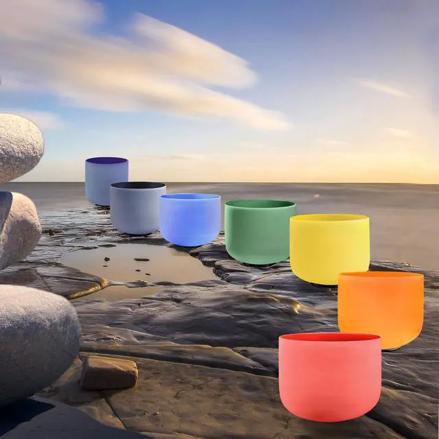 Alt view image 5 of 7 - 432Hz 7-12 Inch Colored Crystal Singing Bowl Set of 7 | Frosted Quartz Sound Bowls for Sound Bath, Meditation, Yoga, Sound Therapy, Chakra Balancing & Reiki