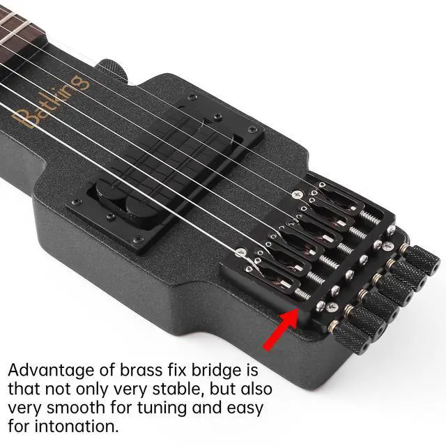 Alt view image 5 of 7 - Travel Guitar Electric, Headless Guitar 6 Strings One-piece Canada Maple Neck Through Body Design Brass Fix Bridge with Gigbag