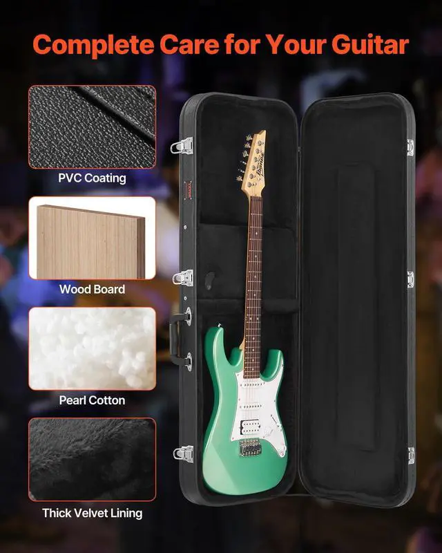 Alt view image 4 of 7 - Electric Guitar Hard Case, 43.11 in Rectangular Guitar Hard Case, With Lock Latch Keys Handle, PVC Padding Soft Lining Water-Resistant Hard Shell Guitar Cases, for 39 in Electric Guitars, Black