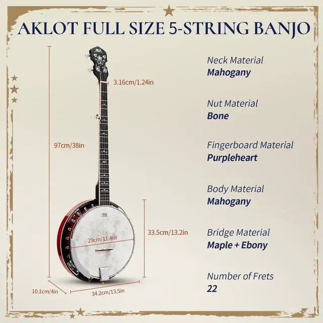 Alt view image 6 of 7 - Full-Sized Banjo with Remo Head: 38 5 String Banjo Set with Removable Resonator, Geared 5th Tuner, 24 Brackets, Deluxe Beginner Kit with Gig Bag, Strings, Strap, Picks, Tuner, Bridge Ruler