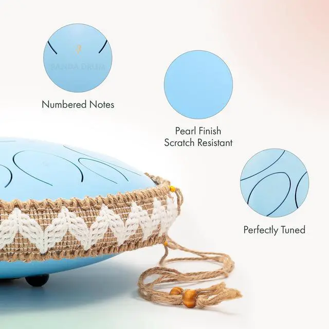 Alt view image 3 of 7 - Pro (Blue) | Steel Tongue Handpan with Music Book, Mallets, Carrying Bag & Finger Picks | 15 inch, 432 Hz | Rain Drum for Inside & Outside | Calming Musical Instrument for Adults & Kids