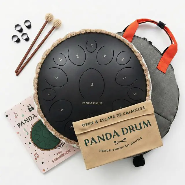 Main image of Pro (Black) | Steel Tongue Handpan with Music Book, Mallets, Carrying Bag & Finger Picks | 15 inch, 432 Hz | Rain Drum for Inside & Outside | Calming Musical Instrument for Adults & Kids