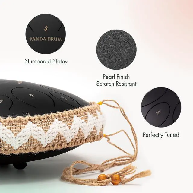 Alt view image 3 of 7 - Pro (Black) | Steel Tongue Handpan with Music Book, Mallets, Carrying Bag & Finger Picks | 15 inch, 432 Hz | Rain Drum for Inside & Outside | Calming Musical Instrument for Adults & Kids