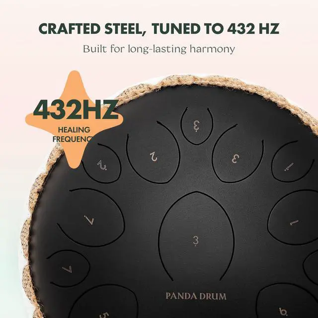 Alt view image 4 of 7 - Pro (Black) | Steel Tongue Handpan with Music Book, Mallets, Carrying Bag & Finger Picks | 15 inch, 432 Hz | Rain Drum for Inside & Outside | Calming Musical Instrument for Adults & Kids