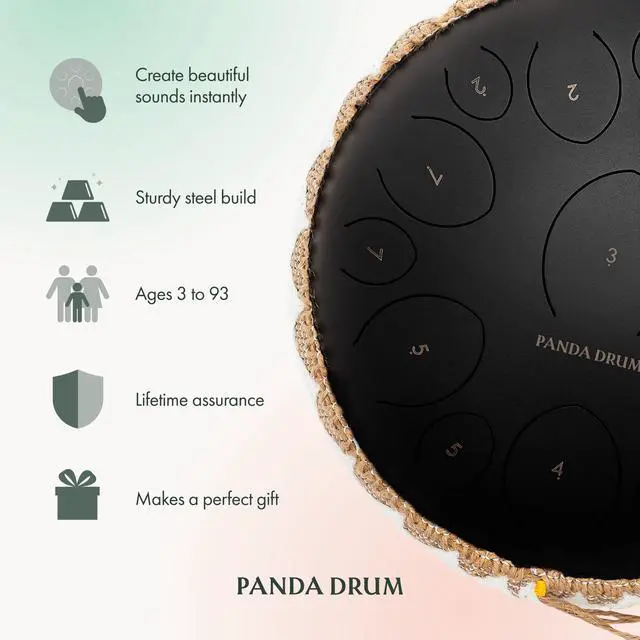 Alt view image 5 of 7 - Pro (Black) | Steel Tongue Handpan with Music Book, Mallets, Carrying Bag & Finger Picks | 15 inch, 432 Hz | Rain Drum for Inside & Outside | Calming Musical Instrument for Adults & Kids