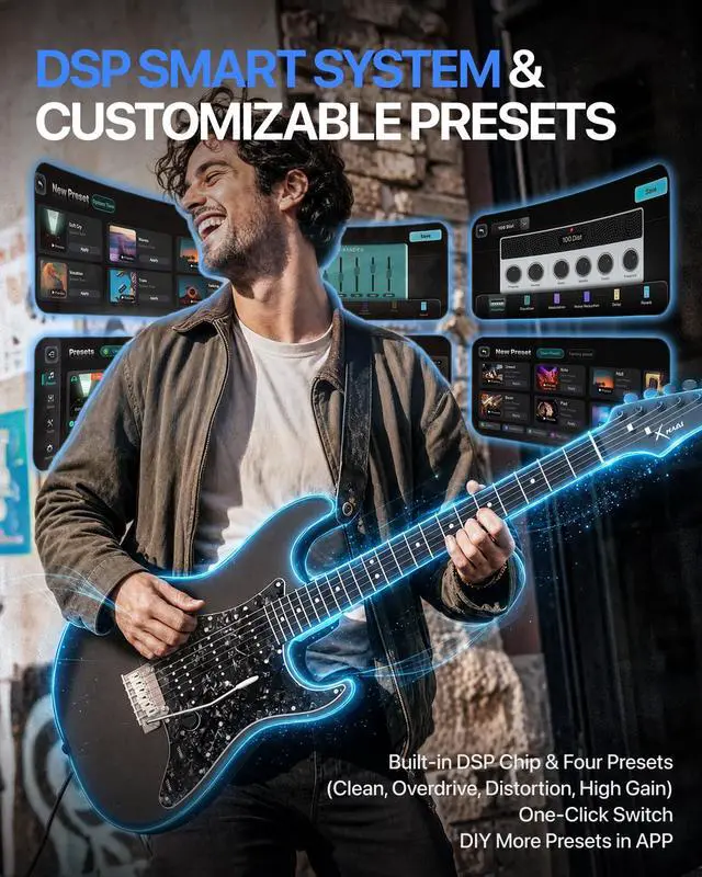 Alt view image 3 of 7 - ENYA 39" Smart Beginner Electric Guitar Kit with Built-in 4 Effects | Carbon Fiber Body, USB-C Recording, with Gig Bag & AMP, Headphone Output, App Control, for Silent Practice & Travel, Black
