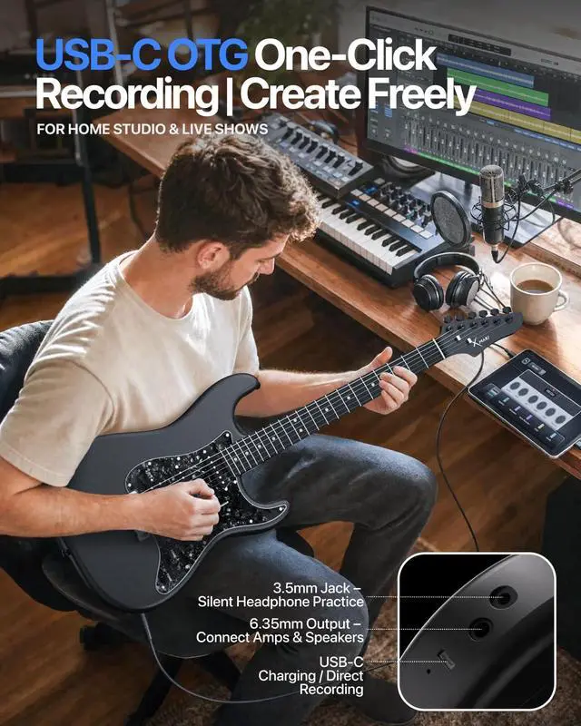 Alt view image 5 of 7 - ENYA 39" Smart Beginner Electric Guitar Kit with Built-in 4 Effects | Carbon Fiber Body, USB-C Recording, with Gig Bag & AMP, Headphone Output, App Control, for Silent Practice & Travel, Black