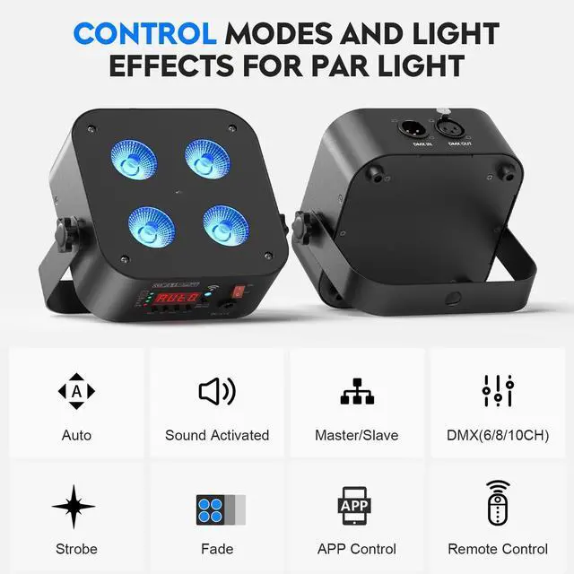 Alt view image 2 of 7 - Mini Rechargeable Par Lights, 4 * 18W RGBWA UV 6 in 1 Battery Powered Upights, APP & Wireless DMX Control Stage Lights, Uplighting for Wedding Birthday Party Festival