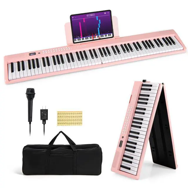 Main image of 88-Key Folding Piano Keyboard, Full-Size Semi-Weighted Electric Piano Digital Piano w/MIDI, Microphone, Music Stand & Carrying Bag, Portable Keyboard Piano for Beginners Teens Adults (Pink)