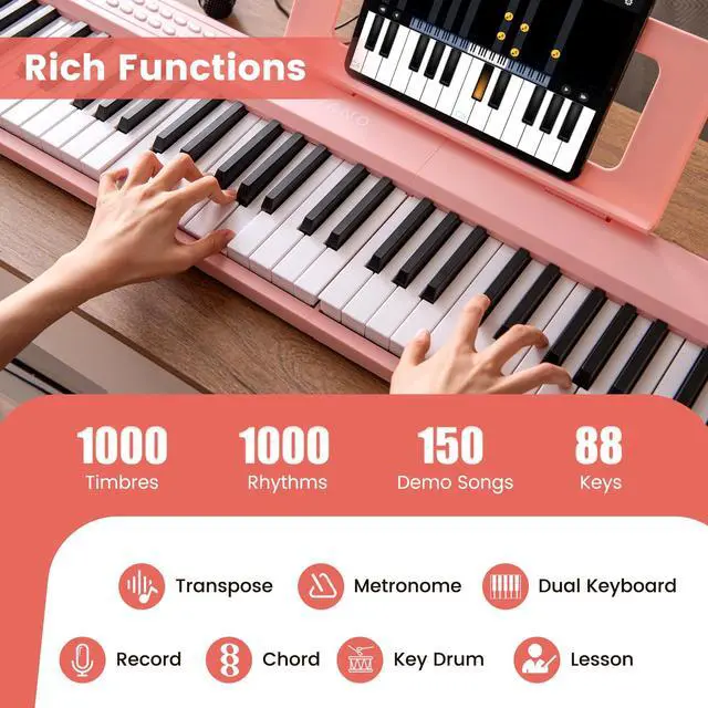 Alt view image 2 of 7 - 88-Key Folding Piano Keyboard, Full-Size Semi-Weighted Electric Piano Digital Piano w/MIDI, Microphone, Music Stand & Carrying Bag, Portable Keyboard Piano for Beginners Teens Adults (Pink)