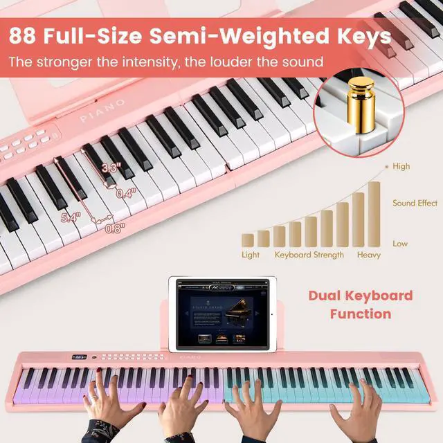 Alt view image 3 of 7 - 88-Key Folding Piano Keyboard, Full-Size Semi-Weighted Electric Piano Digital Piano w/MIDI, Microphone, Music Stand & Carrying Bag, Portable Keyboard Piano for Beginners Teens Adults (Pink)