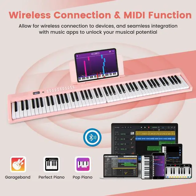 Alt view image 5 of 7 - 88-Key Folding Piano Keyboard, Full-Size Semi-Weighted Electric Piano Digital Piano w/MIDI, Microphone, Music Stand & Carrying Bag, Portable Keyboard Piano for Beginners Teens Adults (Pink)