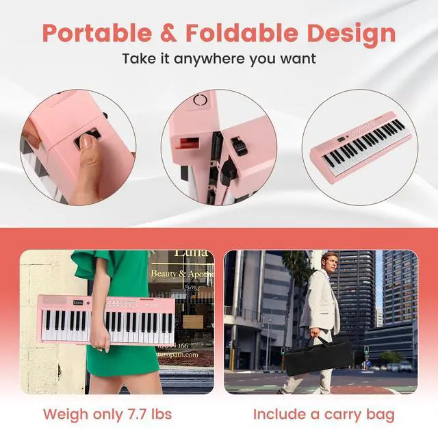 Alt view image 6 of 7 - 88-Key Folding Piano Keyboard, Full-Size Semi-Weighted Electric Piano Digital Piano w/MIDI, Microphone, Music Stand & Carrying Bag, Portable Keyboard Piano for Beginners Teens Adults (Pink)