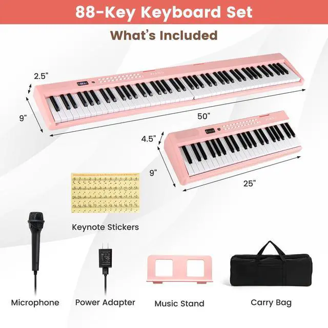 Alt view image 7 of 7 - 88-Key Folding Piano Keyboard, Full-Size Semi-Weighted Electric Piano Digital Piano w/MIDI, Microphone, Music Stand & Carrying Bag, Portable Keyboard Piano for Beginners Teens Adults (Pink)