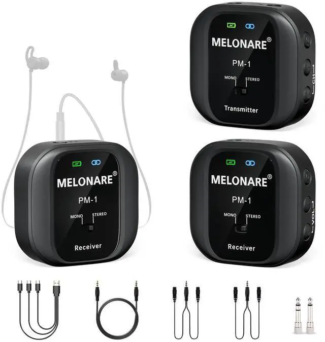 Main image of UHF Portable Wireless IEM System Mono/Stereo PM-1-2R | 1 Beltpack Transmitter & 2 Receivers, 10 Channels, Auto-Pairing, Mono/Stereo Selection, Live Shows, Studio, Bands