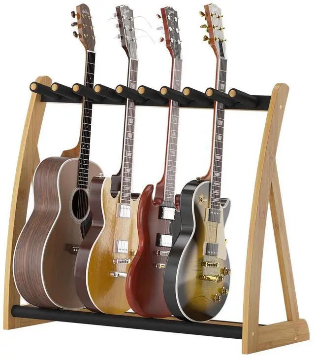Main image of Bamboo Multi Guitar Stand,Guitar Rack for Multiple Guitars(Natural) | Adjustable Dividers Fits Acoustic, Electric & Bass Foam-Padded Supports Non-Slip Feet Triangular Base Pick Storage