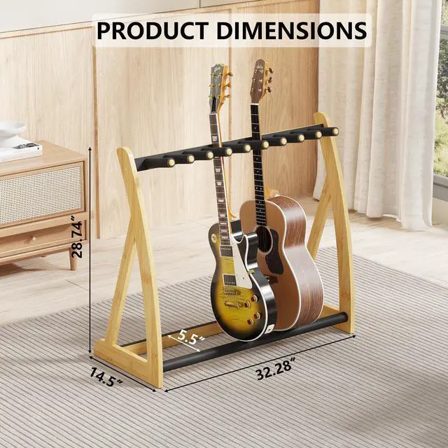 Alt view image 2 of 7 - Bamboo Multi Guitar Stand,Guitar Rack for Multiple Guitars(Natural) | Adjustable Dividers Fits Acoustic, Electric & Bass Foam-Padded Supports Non-Slip Feet Triangular Base Pick Storage