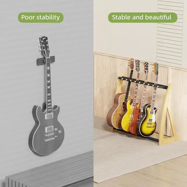 Alt view image 4 of 7 - Bamboo Multi Guitar Stand,Guitar Rack for Multiple Guitars(Natural) | Adjustable Dividers Fits Acoustic, Electric & Bass Foam-Padded Supports Non-Slip Feet Triangular Base Pick Storage