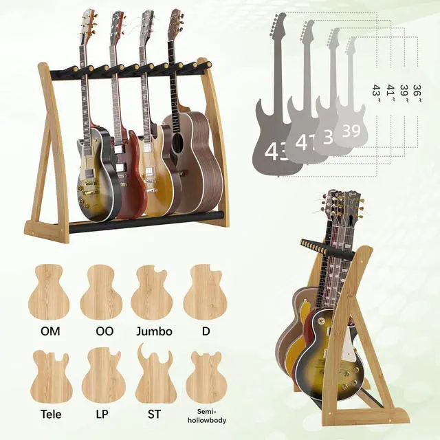 Alt view image 5 of 7 - Bamboo Multi Guitar Stand,Guitar Rack for Multiple Guitars(Natural) | Adjustable Dividers Fits Acoustic, Electric & Bass Foam-Padded Supports Non-Slip Feet Triangular Base Pick Storage