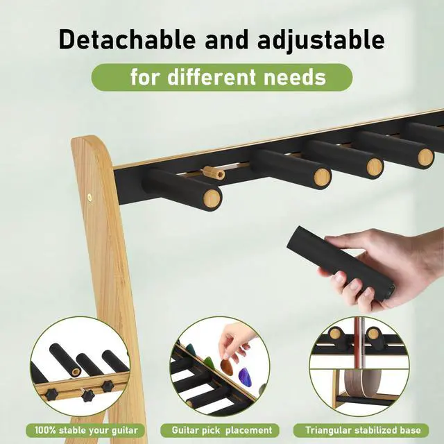 Alt view image 3 of 7 - Bamboo Multi Guitar Stand,Guitar Rack for Multiple Guitars(Natural) | Adjustable Dividers Fits Acoustic, Electric & Bass Foam-Padded Supports Non-Slip Feet Triangular Base Pick Storage