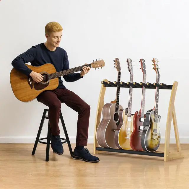 Alt view image 6 of 7 - Bamboo Multi Guitar Stand,Guitar Rack for Multiple Guitars(Natural) | Adjustable Dividers Fits Acoustic, Electric & Bass Foam-Padded Supports Non-Slip Feet Triangular Base Pick Storage