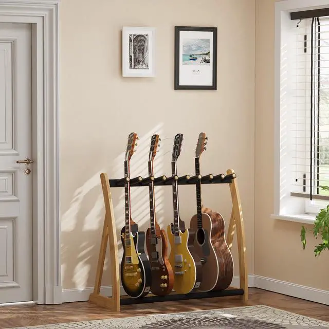Alt view image 7 of 7 - Bamboo Multi Guitar Stand,Guitar Rack for Multiple Guitars(Natural) | Adjustable Dividers Fits Acoustic, Electric & Bass Foam-Padded Supports Non-Slip Feet Triangular Base Pick Storage