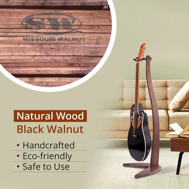 Alt view image 2 of 7 - Guitar Bass Hanger Stand, Solid Wood Bow Holder Mermaid Shaped for Display and Storage, 42 inches Height Anti-scratched and Anti-bump, Deorate Studios, Living room and Stage (Black Walnut, 1)